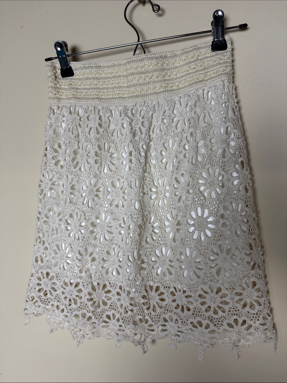 Cream Crochet Lined Floral Lace Skirt One Sz Hippie Festival Prarie Cottagecore